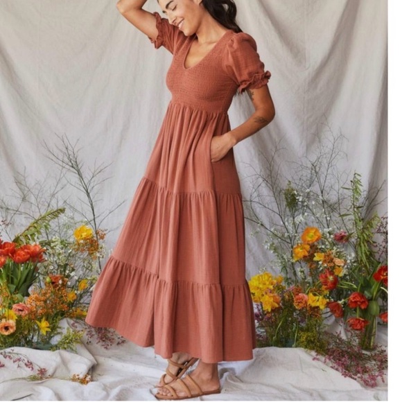 Christy Dawn Brooklyn Women's Terracotta Tiered Maxi Dress - Smocked Bodice - Picture 3 of 11